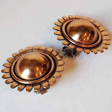 Copper earrings clip dome and floral deco by Renoir,1950's 