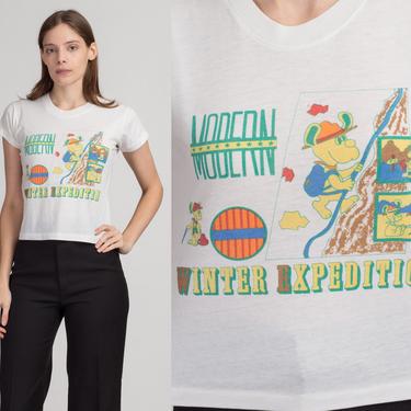 90s Cartoon Dog Expedition Crop Top Tee - Extra Small | Vintage Hiking Graphic Cropped T Shirt 