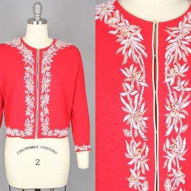 1960s Beaded Cardigan | Vintage Red &amp; White Cropped Sleeve Sweater | medium 