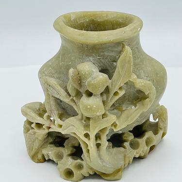 Wonderful Antique Asian  soapstone Ink Brush Pot Bud Vase Floral Carvings- 3.5" X 3.5"  Marked CHINA 