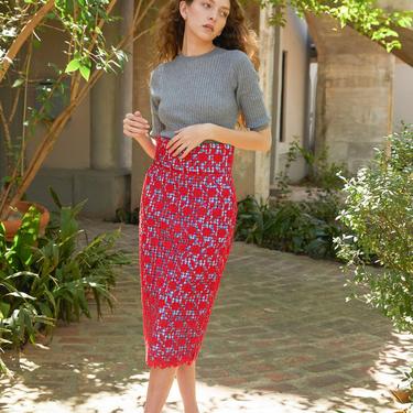 STELLA JEAN Blue Gingham Red Lace Midi Pencil Skirt Sz. 4 MOSS Designer Consignment Austin and San Antonio TX