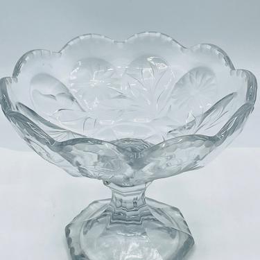 Antique A. H. Heisey Clear Floral Etched Glass Compote w/Etched Scalloped Rim 