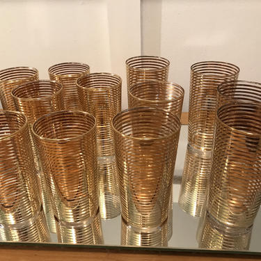 12 Dozen Gold Band Tumblers 22 KT band stripe Atomic Era Barware Eames Era Glassware Housewares 