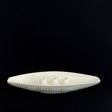 Vintage Mid Century Modern Royal Haeger LARGE 20 3/8&amp;quot; Long Ribbed Ceramic Pottery 3 Candleholder Bowl Centerpiece R1904 USA 1960s 
