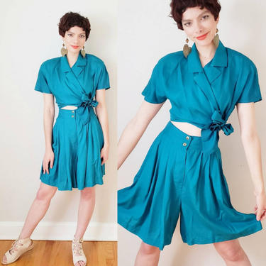 1980s Turquoise Blue Silk Shorts and Shirt Set / 80s High Waisted Shorts Button Down Cropped Blouse EPB Easy Eleanor Brenner / Med 
