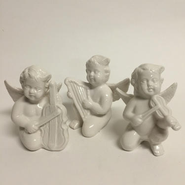 Vintage Angel Figurines, Musical Instruments, Cherub, Cherubs Playing Instruments Figurines, White Angel Figurines 