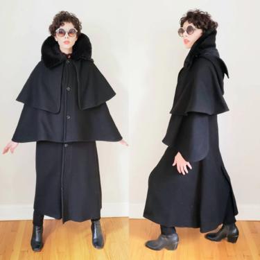1970s Black Wool Tiered Cloak Removable Hood / Rare Thick Cloak Mouton Collar Triunfante Lisboa Portugal Steampunk Costume / S to M / Dores 