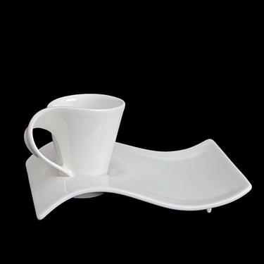 Vintage Modern Sculptural  Villeroy &amp; Boch NEW WAVE Demitasse Cup with Stylized Handle and Wavy Saucer Dish Solid White Glaze 