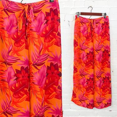 1990s Orange Hawaiian  Print Slacks | 90s Orange & Pink Tropical Pants | Petra Fashions | XL 