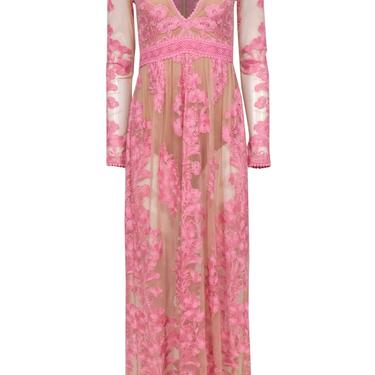 For Love &amp; Lemons - Nude Mesh &amp; Pink Embroidered Plunge Gown w/ Bodysuit Sz M