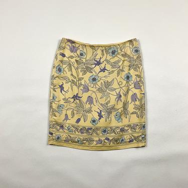90s Pale Yellow Floral Mini Skirt / Art Deco / Pastel / y2k / Allover Print / Silk / Size 6 / 00s / Poppy / Art Noveau / Small / Medium / 