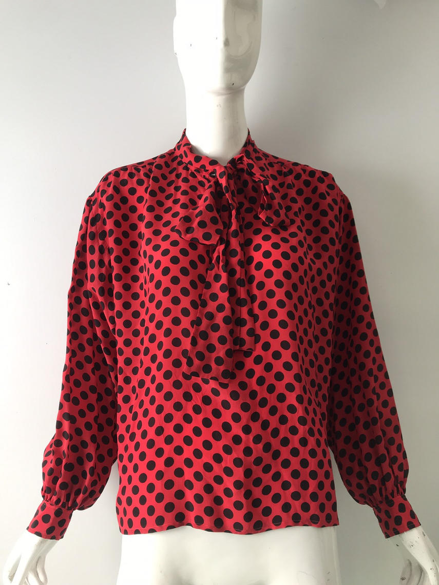 70s YSL silk polka dot print red & black BOW tie Ritual Vintage