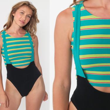 Vintage 80s Aerobic Costume One Shoulder Tropical Yellow Green Blue Purple  Black Three Two Piece Thong Set Leotard Bodysuit Unitard XS