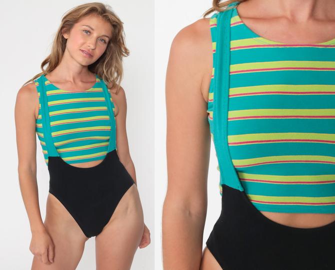 Vtg 1980s 80s Designer Sport Puff Sleeve Striped LEOTARD BODYSUIT Aerobics  XS/S