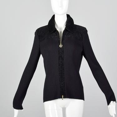 Medium St John Sport Zip Front Cardigan Black Rib Knit Corduroy Long Sleeve Heart Zipper Pull Stretch Fall Winter 1990s Vintage Sweater 