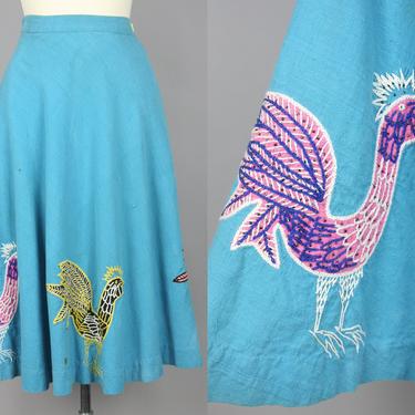 1950s Rooster Skirt | Vintage 50s Mexican Embroidery & Applique Skirt | small 