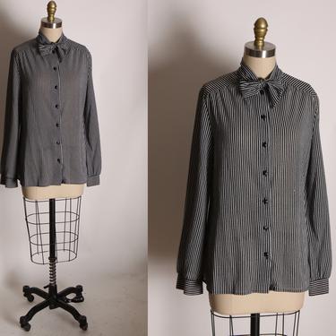 1970s Black and White Striped Long Sleeve Pussybow Button Up Blouse by Act III -L 