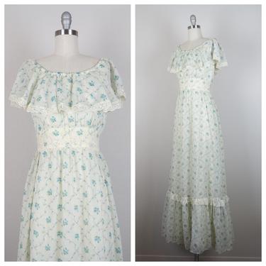 Vintage 1970s floral maxi dress, prairie, cottagecore, ruffle, ditsy, size small 