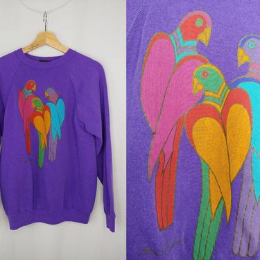 Vintage 90s Laurel Burch San Francisco Purple Large Toucan Parrot Tropical Bird Printed Sweatshirt (Fits like a medium) 