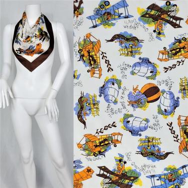 1970's Brown White Acetate Airplane Novelty Print Scarf I 26