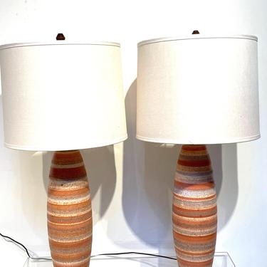 Pair of Large Striped Italian-Style Table Lamps - Mid Century 