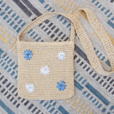 Vintage Early 2000s Y2K Crochet Crossbody Bag - Beige &amp; Blue Floral Daisy Boho Straw Purse 
