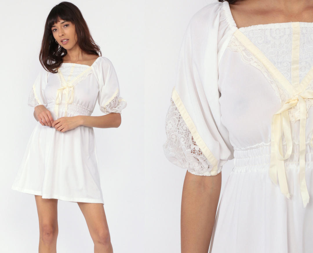 Vintage Off-Shoulder Puff Sleeve Babydoll Dress