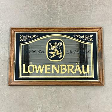 LOCAL PICKUP ONLY Vintage Lowenbrau Mirror 1980s Retro Size 21x33 Rectangular Brown Wood Wall Mirror German Beer with Lions Crest 