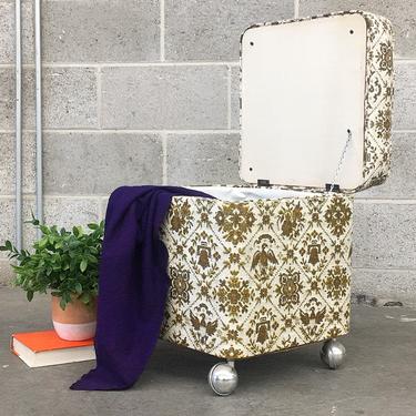 Vintage Storage Ottoman Retro 1960s Mid Century Modern + Square + Printed Vinyl + Cushioned Top + On Wheels + Sewing Storage + MCM Furniture 