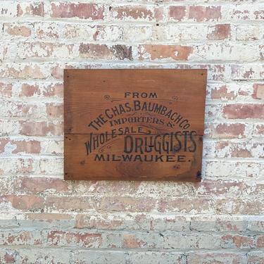 Antique Charles Baumbach Co DruggistsCrate Sign Home Decor Mikwaukee, WI 