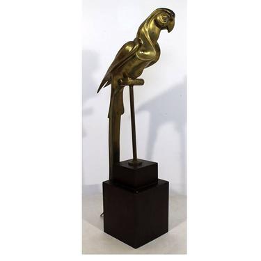 Art Deco Modern Cast Brass Macaw Parrot Table Sculpture on Wooden Base Italy 70s 
