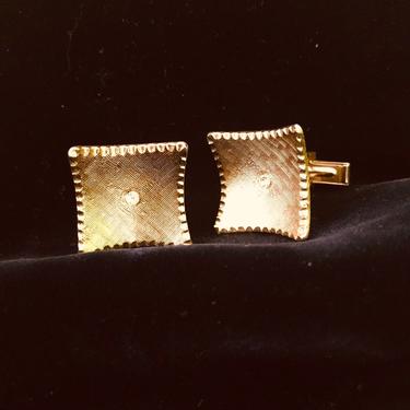 Vintage Cuff Links, VLV Mod Textured Gold Tone Diamond CZ Rhinestone 60s 70s 