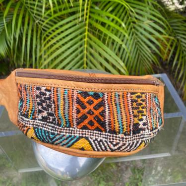 vintage Tan Leather Fanny Pack with Textile Fabric Boho Waist Bag 