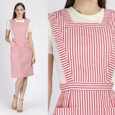 60s 70s Candy Striper Pinafore Nurse Dress - Extra Small | Vintage Red &amp; White Striped Nursing Uniform Midi Apron 