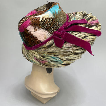1960s Fully Feathered Hat | Vintage 50s 60s Brimmed Hat with Magenta, Aqua, Brown, &amp; Cream Feathers in Original Box 