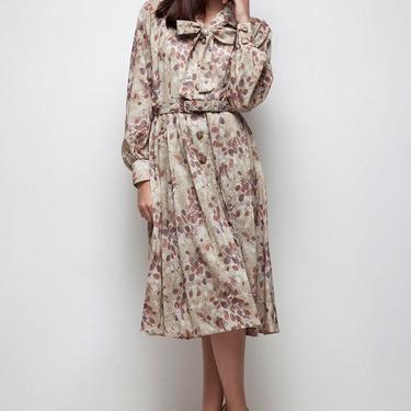 shirtwaist dress, bow dress, ascot dress, secretary dress, long sleeve dress, vintage 70s pleated brown tan botanical print LARGE L 