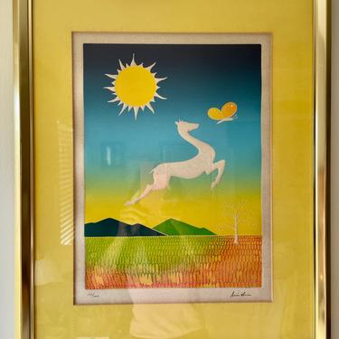 Vintage Art - Vintage Framed Art - Yellow Sun White Horse Butterfly - Colorful Landscape - Kids Room Decor - Bright Colorful Art 