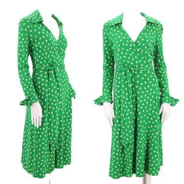 70s DVF green wrap dress 6 / 1970s vintage green print Diane Von Furstenberg dot sash tie dress 1970s S-M 