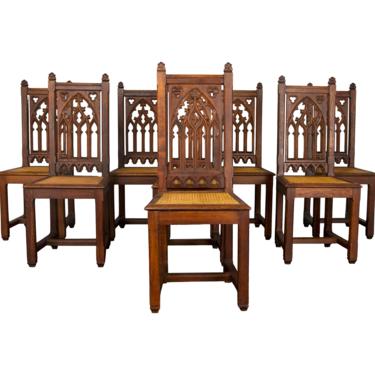 19th Century Set of 8 Country French Gothic Tiger Oak and Cane Dining Chairs 