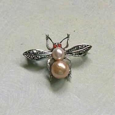 Vintage Sterling and Marcasite Bug Pin, Sterling Germany Insect Pin, Old Sterling Insect Pin (#3799) 