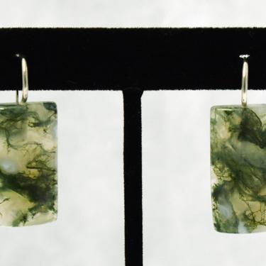 90's moss agate 925 silver funky geometric dangles, green white stone rectangles rigid sterling ear wire earrings marked China 