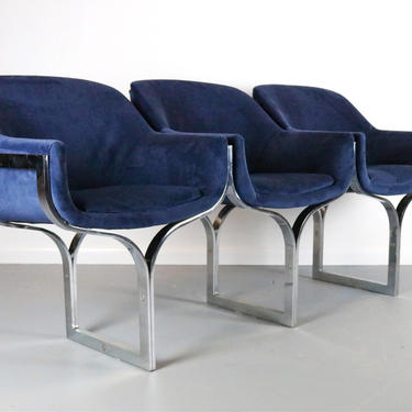 Chrome Three Seat Bench / Sofa in Navy Blue Velvet in the Manner of Milo Baughman 