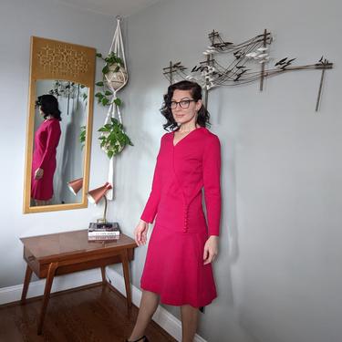 Vintage 1980's Hot Fuchsia Pink Drop Waist Dress with Side Buttons 