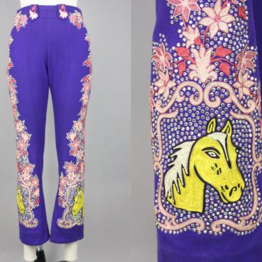 1940s Rhinestone &amp; Chain Stitch Embroidered Pants · Vintage 40s Purple Wool Western Pants with Horse + Flower Embroidery · Extra Small 