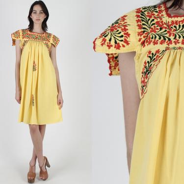 Sunflower Yellow Oaxacan Dress / Bright Floral Mexican Dress / Hand Embroidered San Antonio Mini Dress / Cotton Flutter Sleeve Mini Dress 