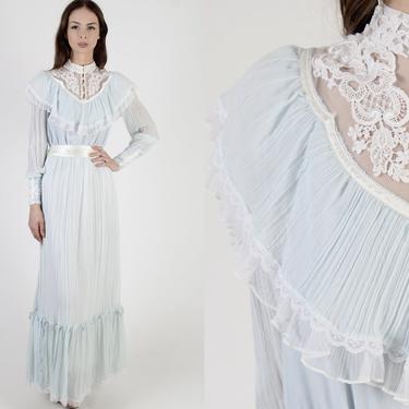 Vintage 70s Gunne Sax Dress Baby Blue Sheer Floral Lace Boho Prairie Wedding Antique Style Simple Womens Floor Length Maxi Dress 