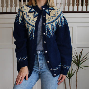 Vintage 70s Norwegian Hand Knit Blue White Nordic Fair Isle Pure Wool Cardigan factory M