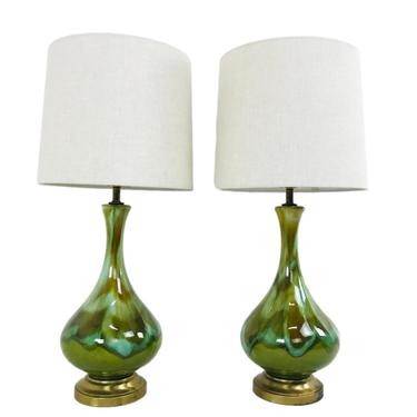 #6001 Pair of Green Teardrop Glass Lamps
