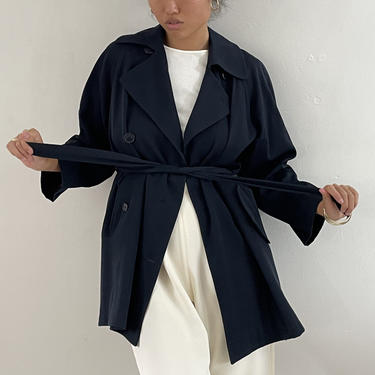 90s Perry Ellis Saks wool trench coat / vintage navy blue wool gabardine belted short trench car coat | S M 