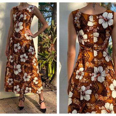 Vintage Hawaiian Maxi Gown / Brown and Orange Floral Garden Party Dress / Resortwear / Vacation Dress / Barkcloth 60's Dress 